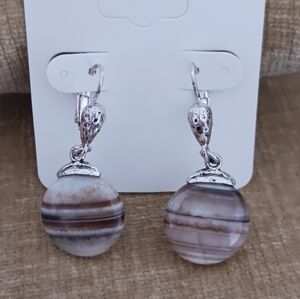 Silver Tone Leverback Brown Striped Stone Earrings